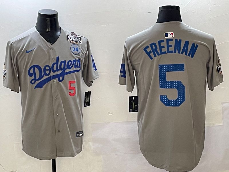 Men Los Angeles Dodgers #5 Freeman Grey Blue Fashion Game 2025 Nike MLB Jersey style 3262